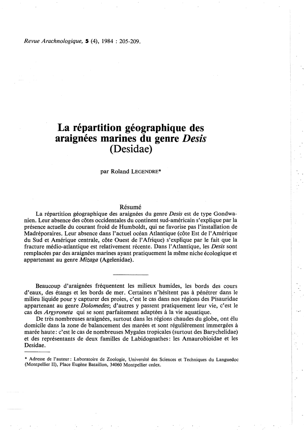 La Répartition Géographique Des Araignées Marines Du Genre Desis (Desidae)