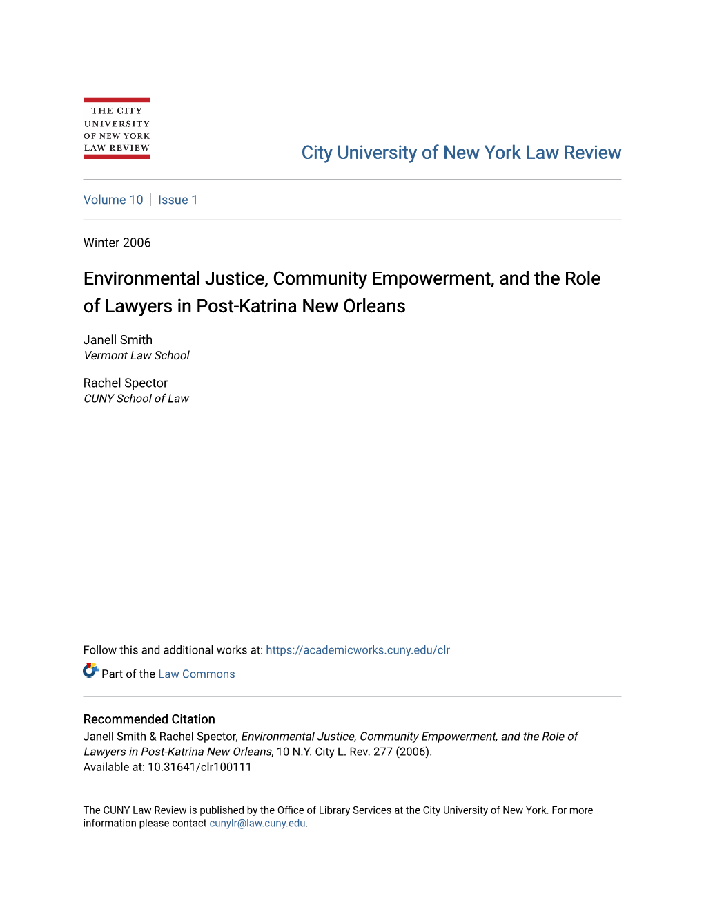 Environmental Justice, Community Empowerment, and the Role of Lawyers in Post-Katrina New Orleans