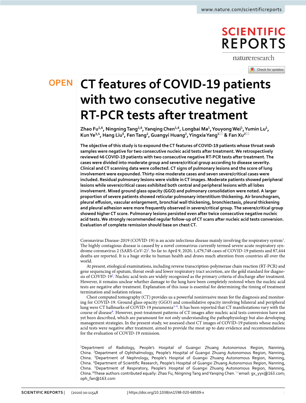 CT Features of COVID-19 Patients with Two Consecutive Negative RT-PCR Tests Afer Treatment