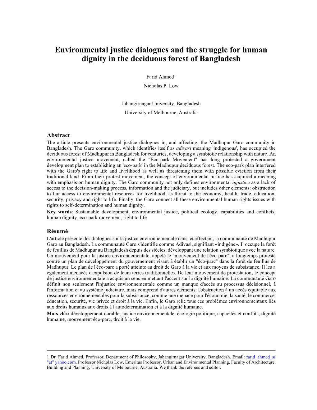 Environmental Justice Dialogues and the Struggle for Human Dignity in the Deciduous Forest of Bangladesh