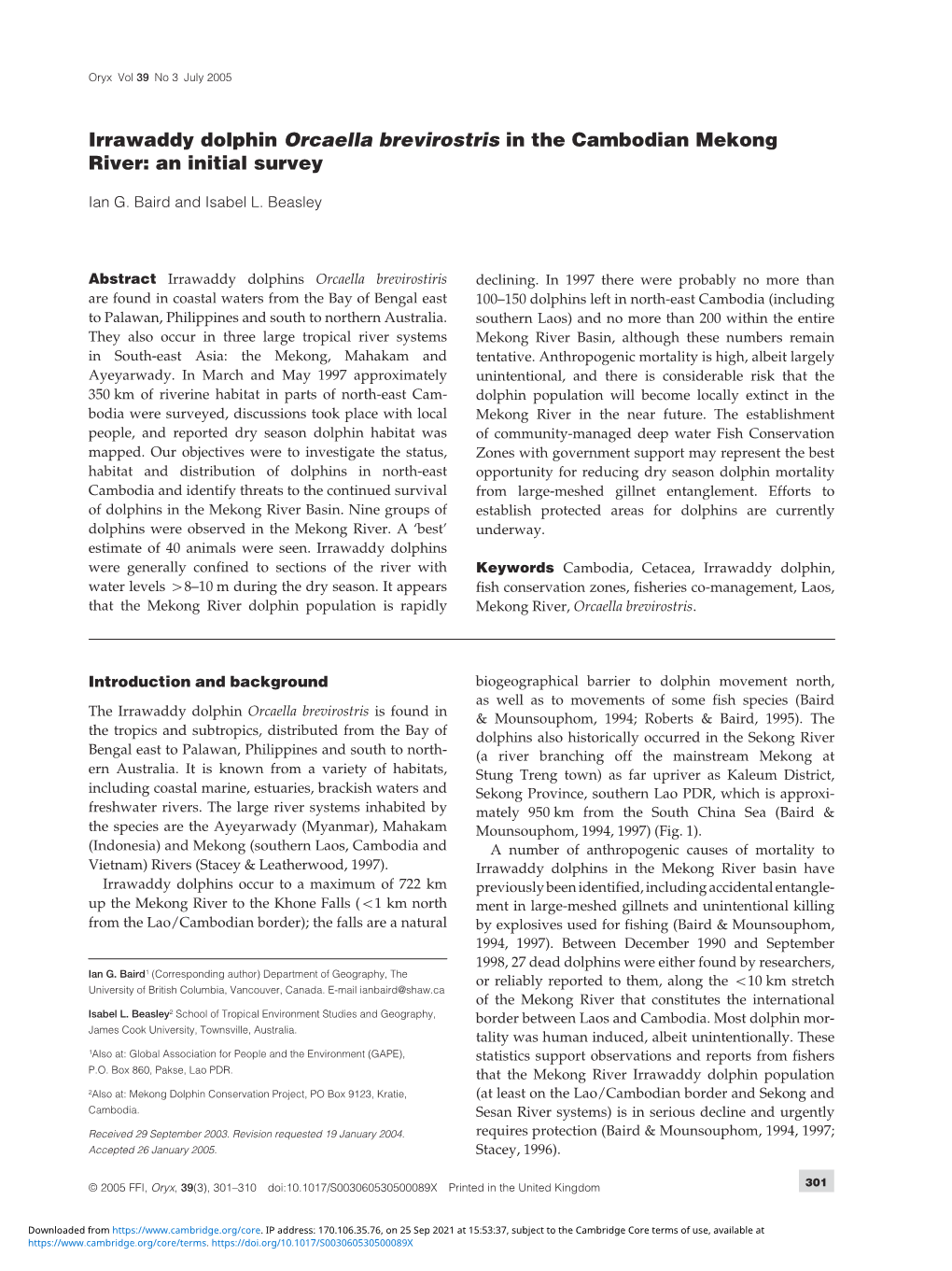 Irrawaddy Dolphin Orcaella Brevirostris in the Cambodian Mekong River: an Initial Survey