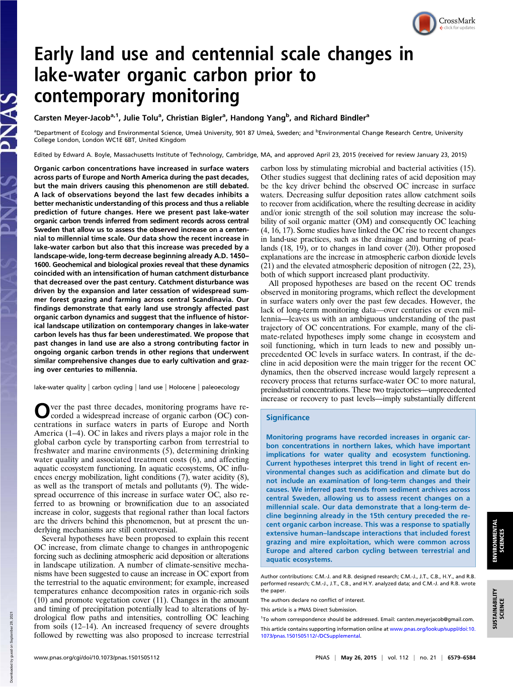 Early Land Use and Centennial Scale Changes in Lake-Water Organic Carbon Prior to Contemporary Monitoring