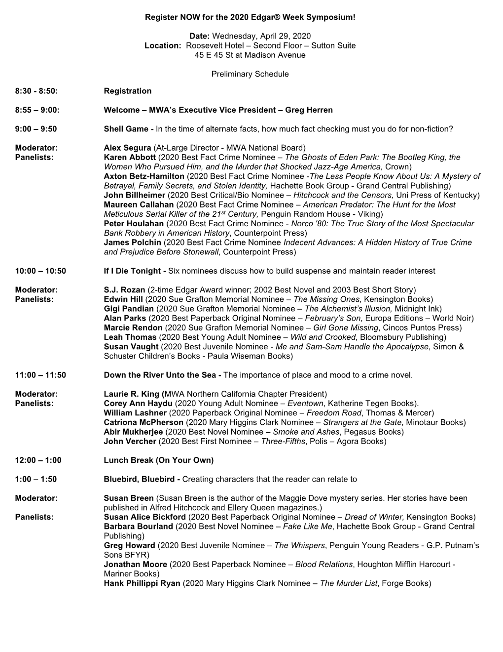 Edgar Symposium Schedule (Proposed)