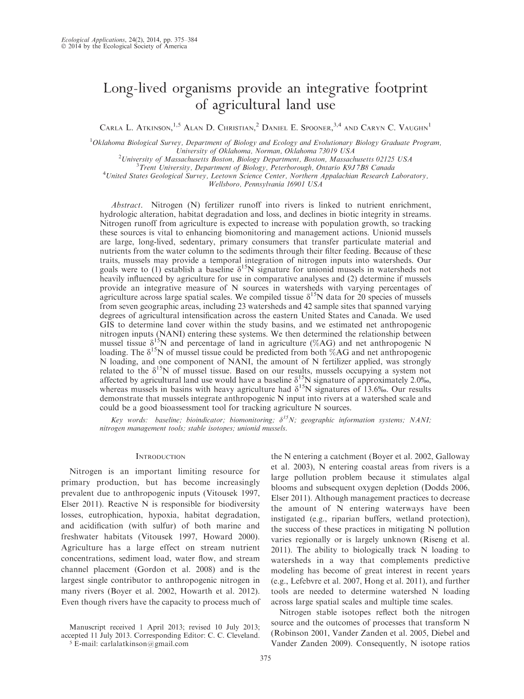 Long-Lived Organisms Provide an Integrative Footprint of Agricultural Land Use