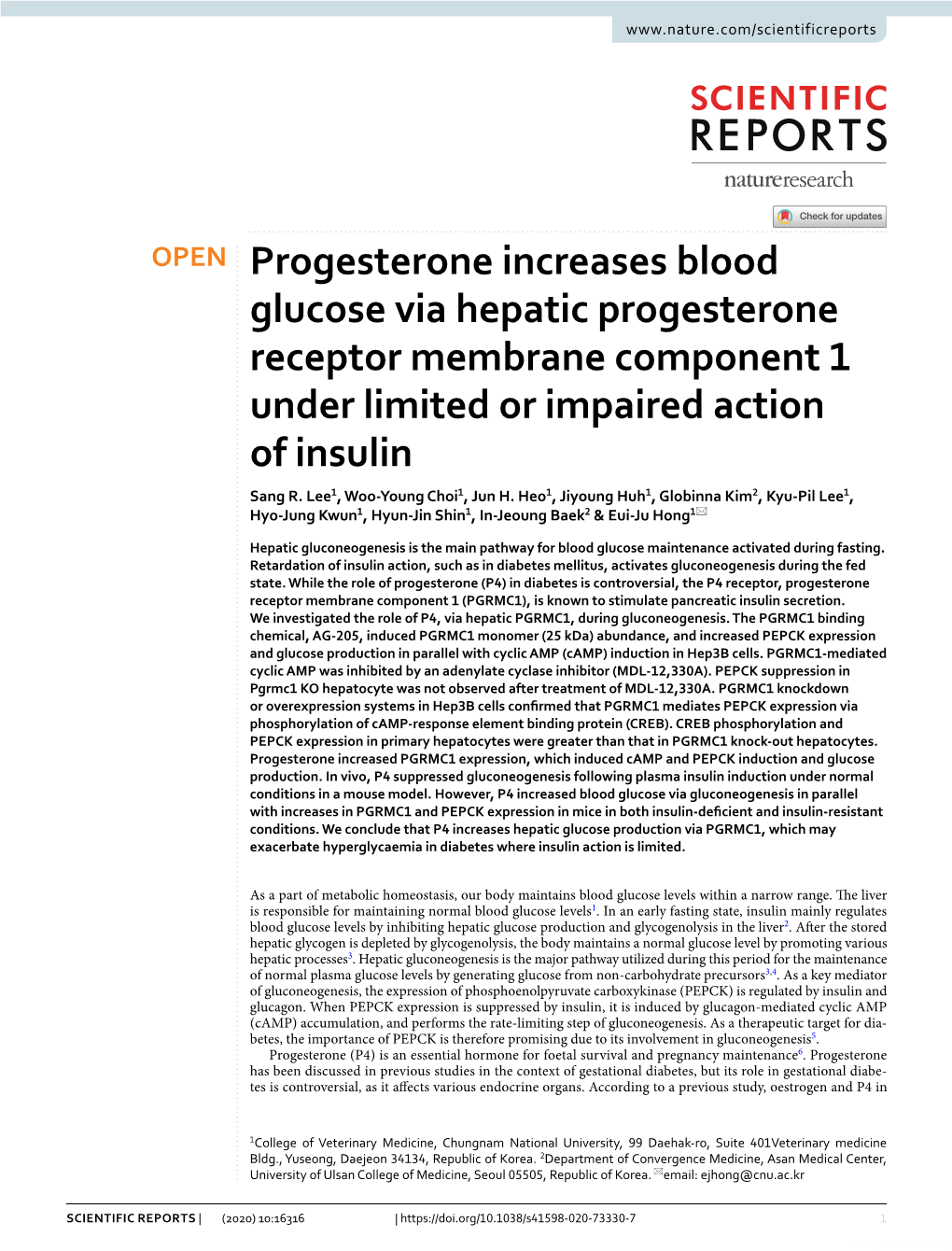 Progesterone Increases Blood Glucose Via Hepatic Progesterone Receptor Membrane Component 1 Under Limited Or Impaired Action of Insulin Sang R