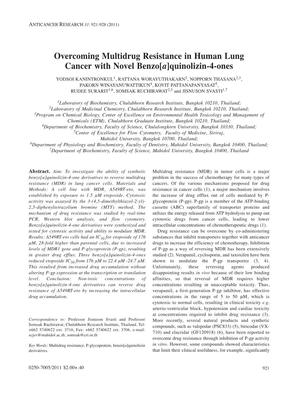 Overcoming Multidrug Resistance in Human Lung Cancer with Novel Benzo[A]Quinolizin-4-Ones