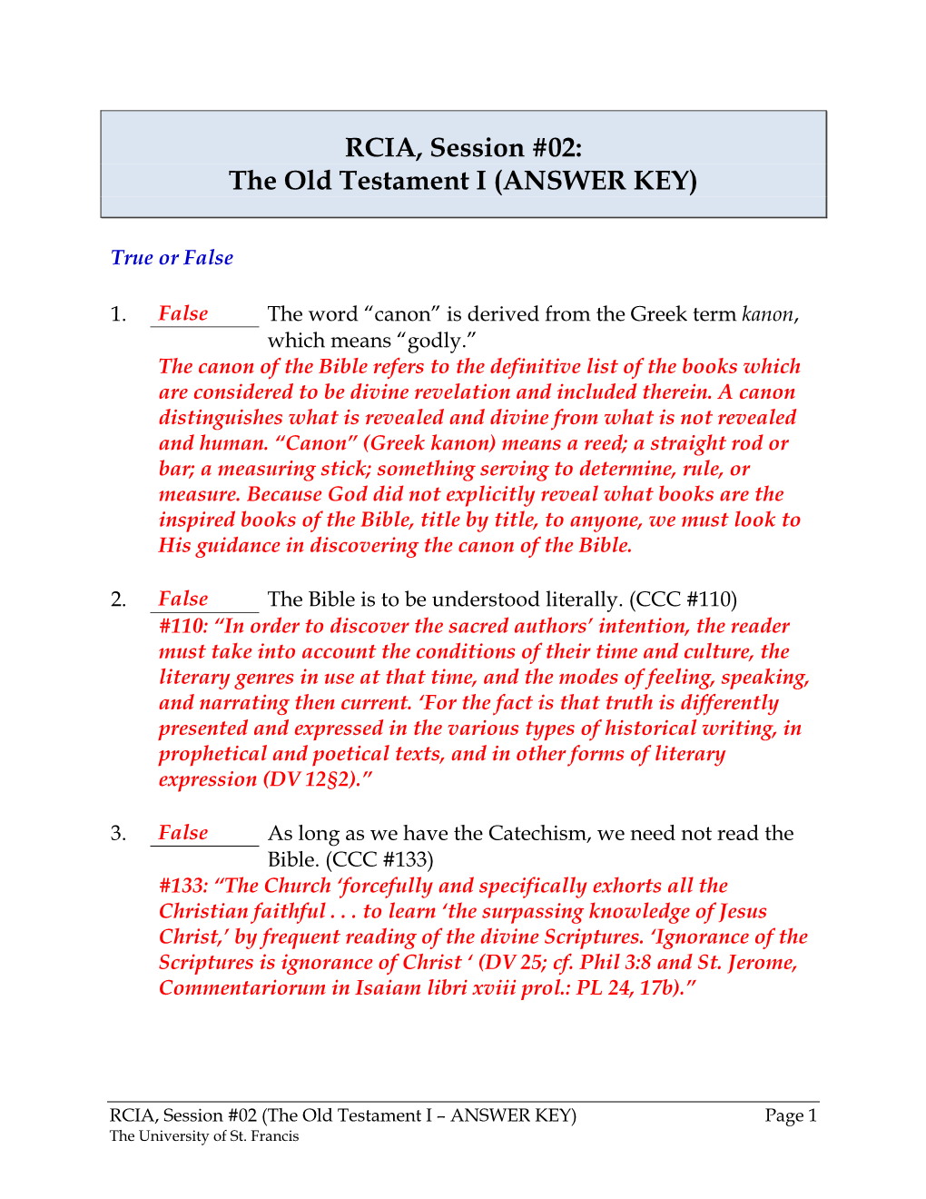 RCIA, Session #02: the Old Testament I (ANSWER KEY)