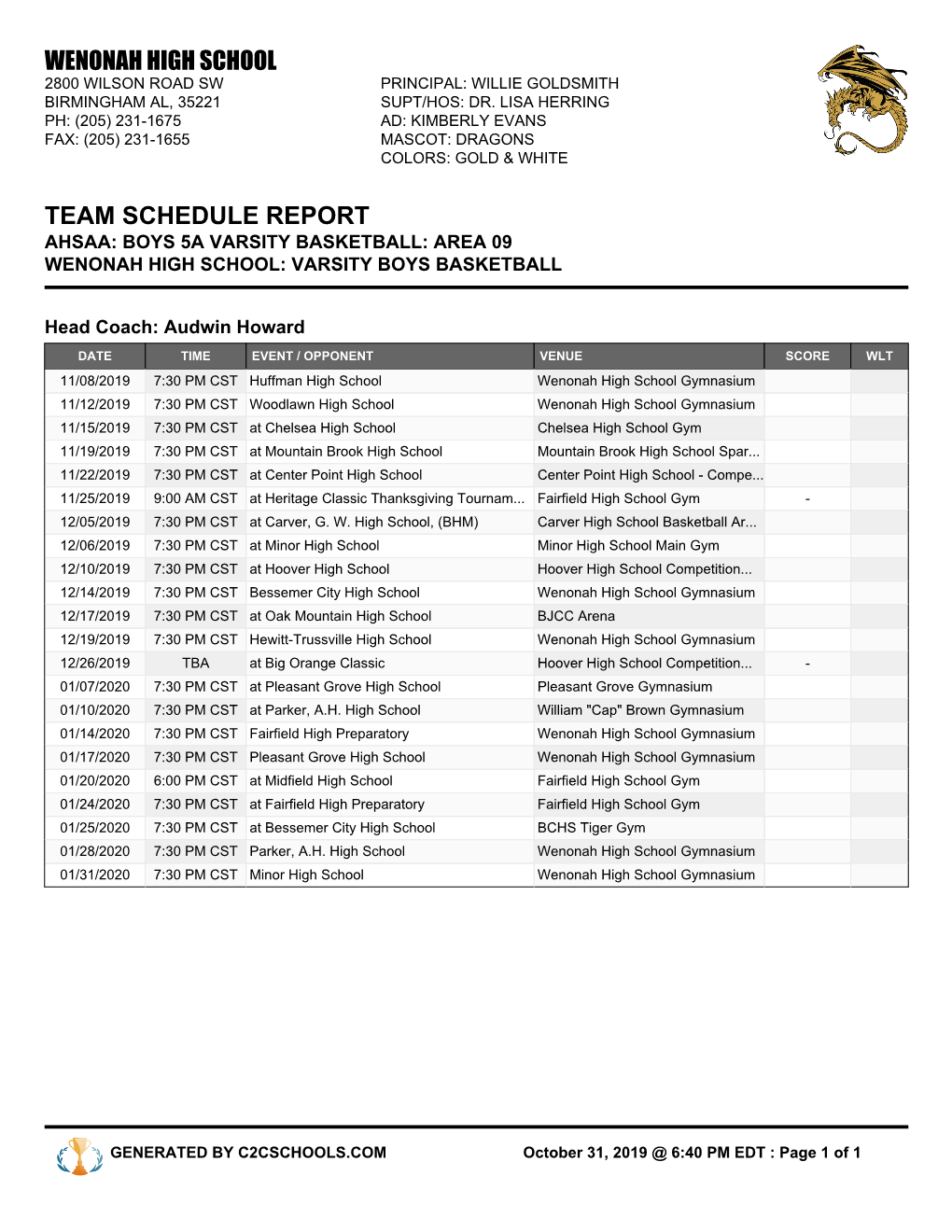 Wenonah High School Team Schedule Report