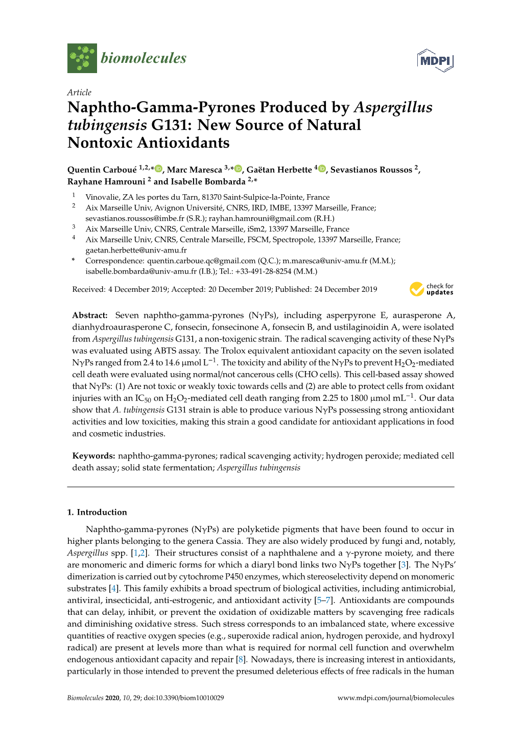 Naphtho-Gamma-Pyrones Produced by Aspergillus Tubingensis G131: New Source of Natural Nontoxic Antioxidants