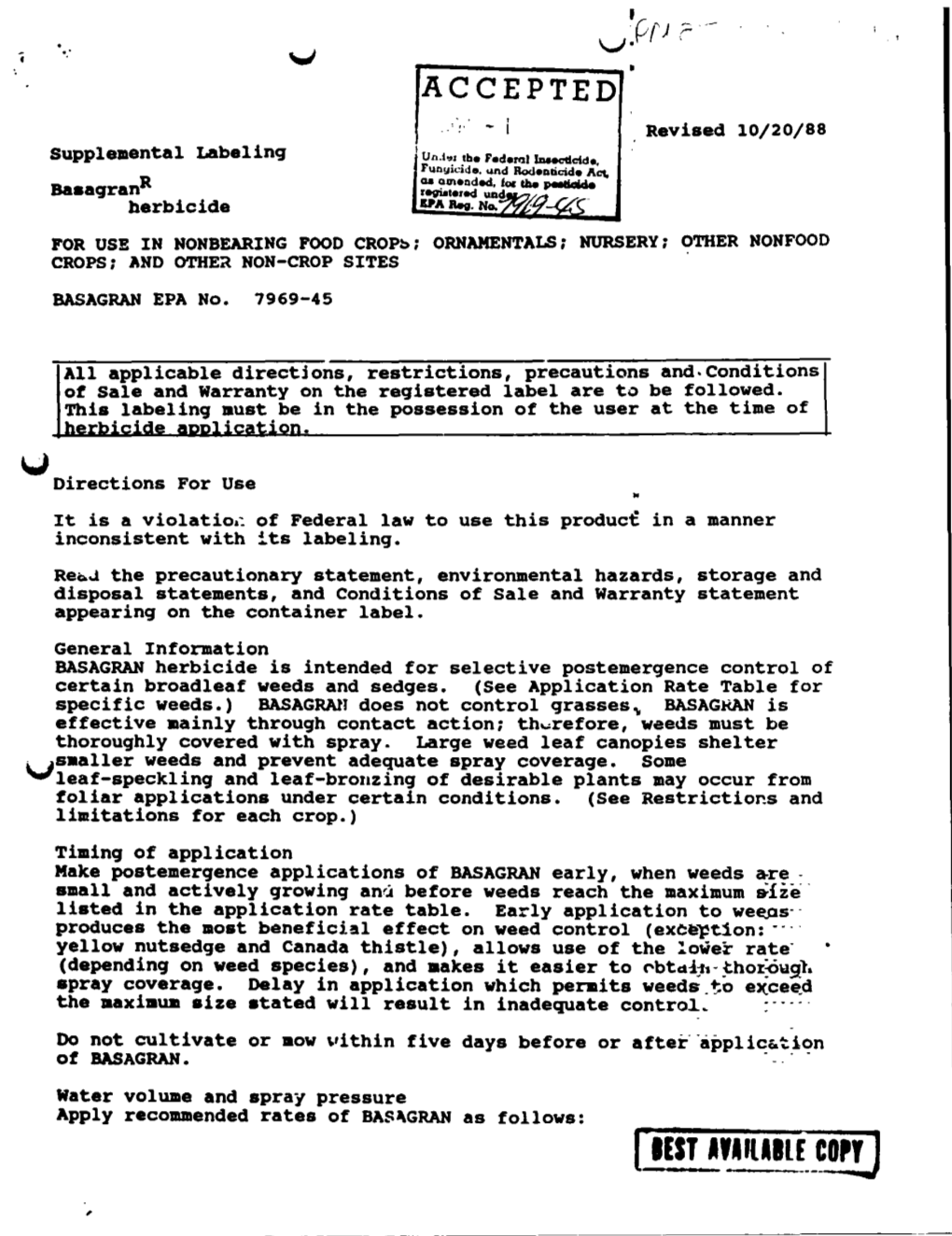 U.S. EPA, Pesticide Product Label, BASAGRAN HERBICIDE, 11/01/1988