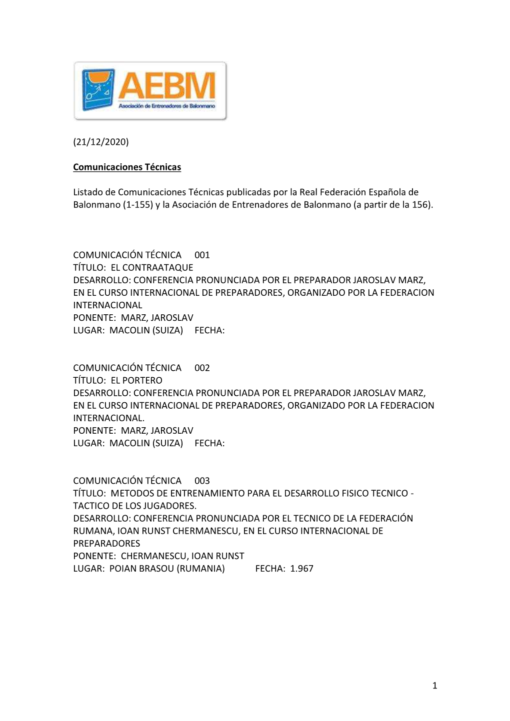 Listado De Comunicaciones Técnicas Publicadas Por La Real Federación Española De Balonmano (1-155) Y La Asociación De Entrenadores De Balonmano (A Partir De La 156)