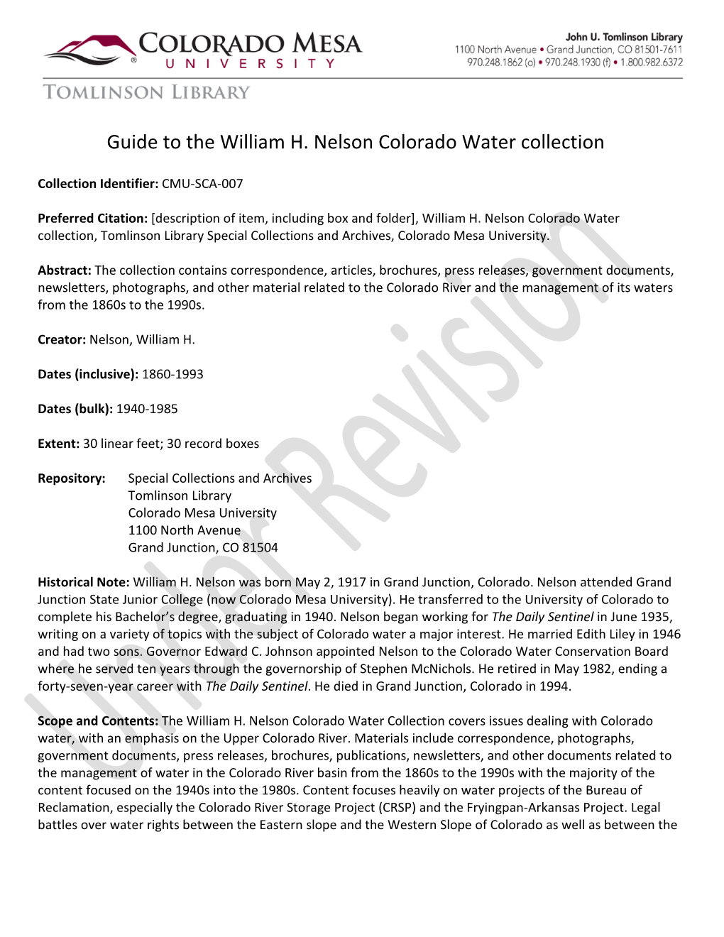 Guide to the William H. Nelson Colorado Water Collection