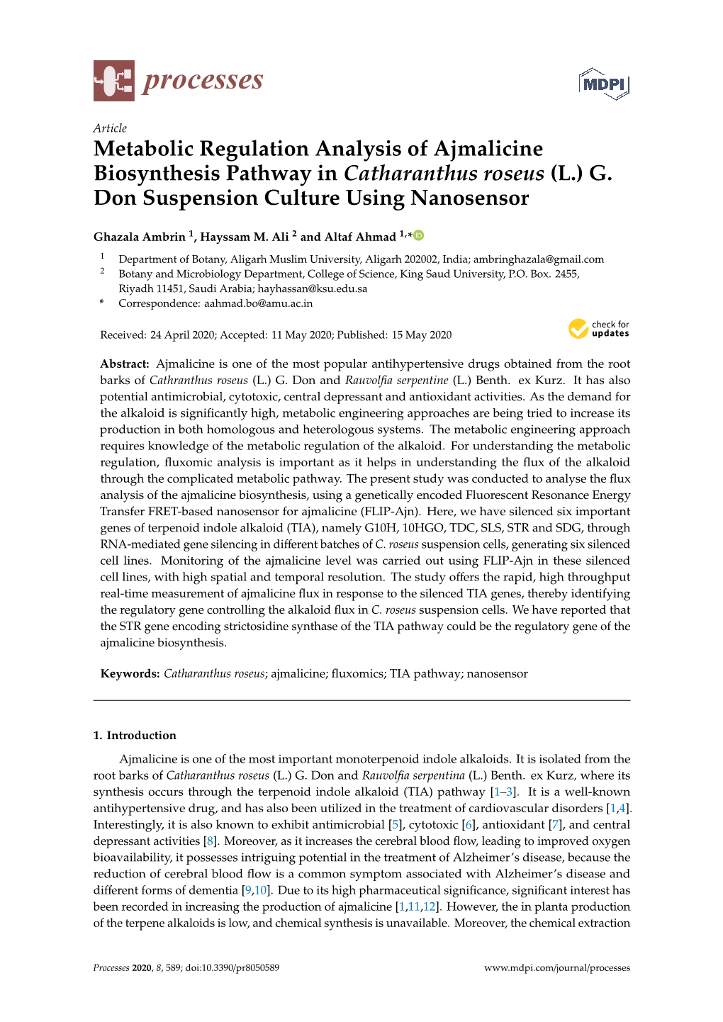 Metabolic Regulation Analysis of Ajmalicine Biosynthesis Pathway in Catharanthus Roseus (L.) G