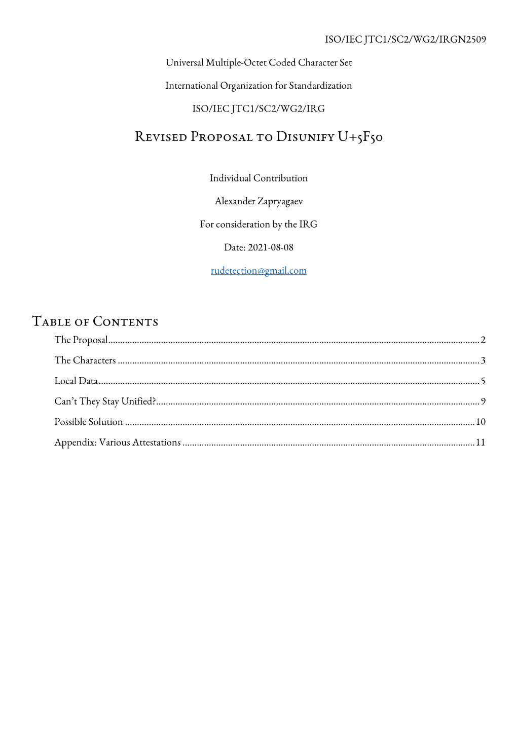 Revised Proposal to Disunify U+5F50 Table of Contents