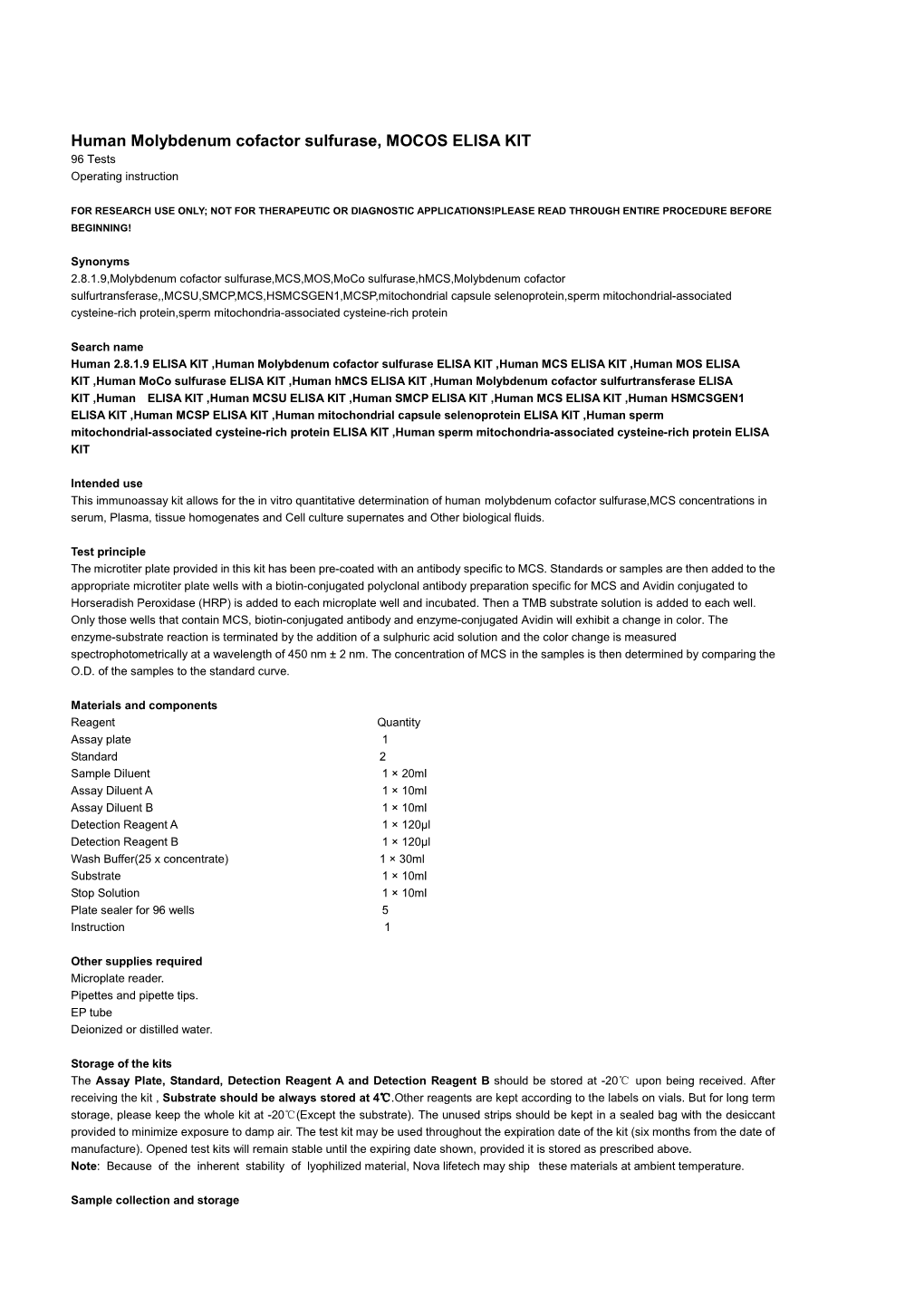 Human Molybdenum Cofactor Sulfurase, MOCOS ELISA KIT 96 Tests Operating Instruction