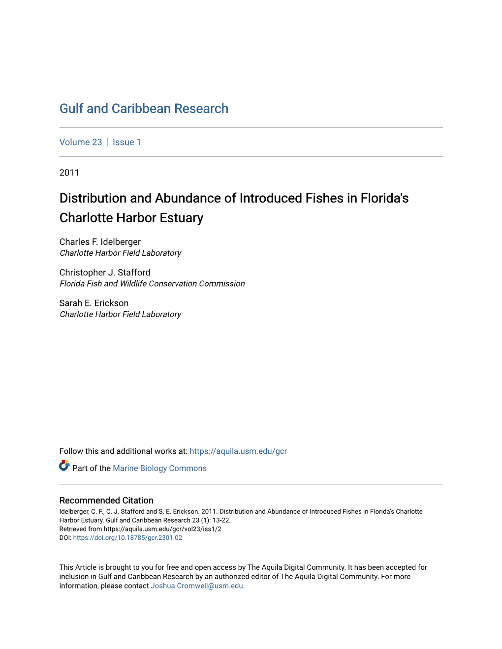 Distribution and Abundance of Introduced Fishes in Florida's Charlotte Harbor Estuary