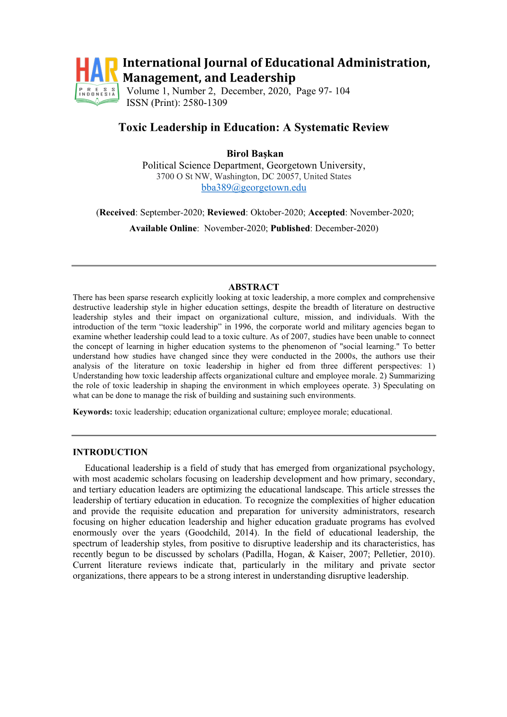 Toxic Leadership in Education: a Systematic Review