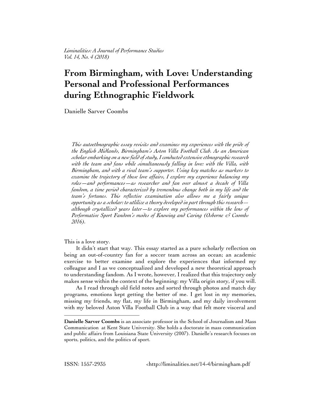 From Birmingham, with Love: Understanding Personal and Professional Performances During Ethnographic Fieldwork