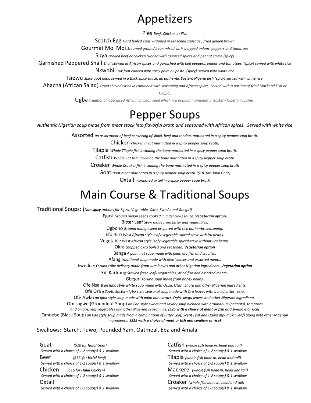 Appetizers Pepper Soups Main Course & Traditional Soups