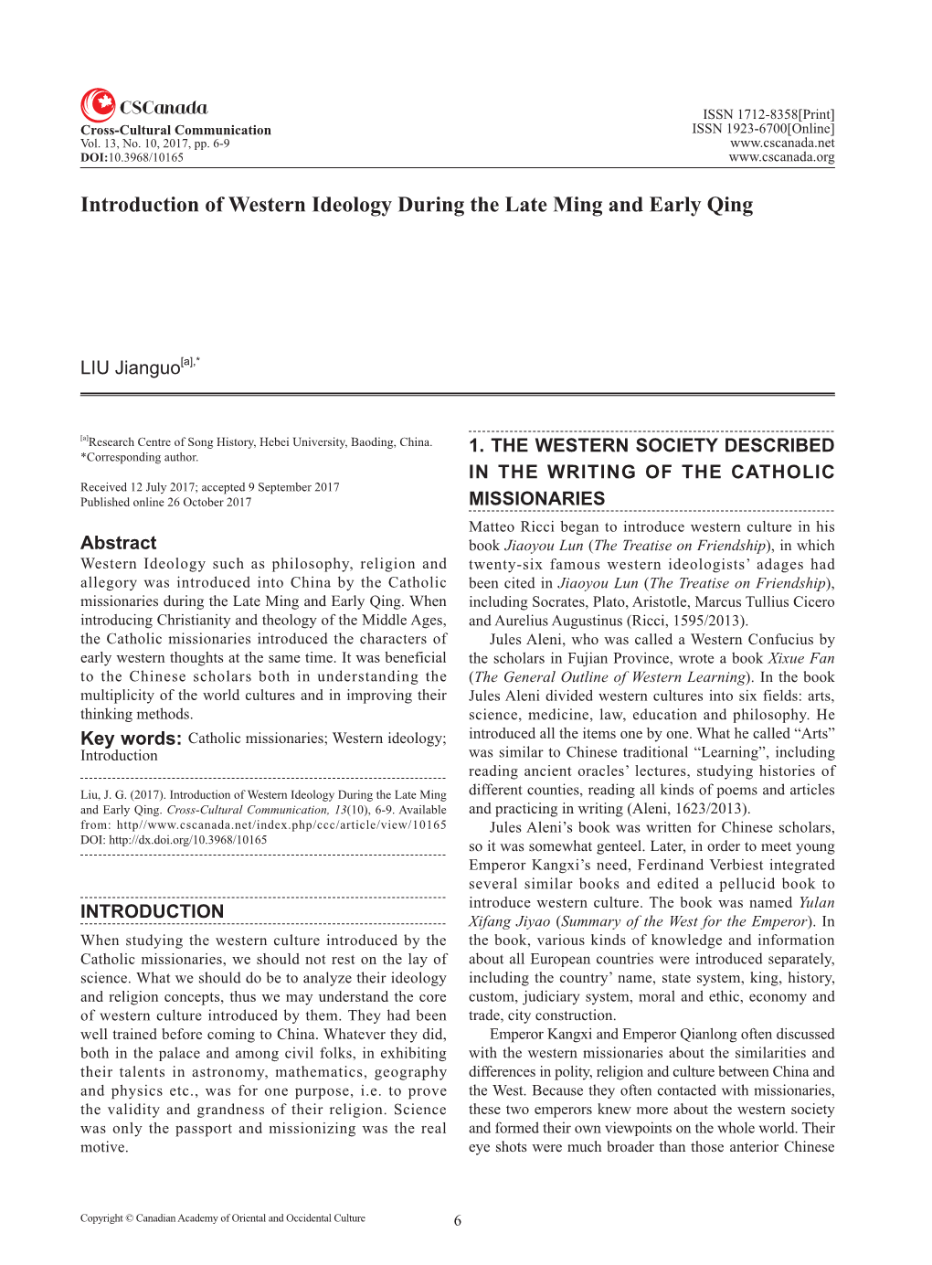 Introduction of Western Ideology During the Late Ming and Early Qing