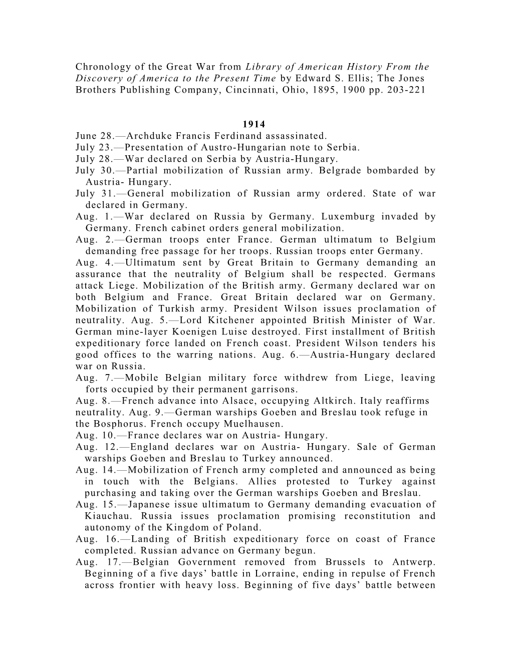 Chronology of the Great War from Library of American History from the Discovery of America to the Present Time by Edward S