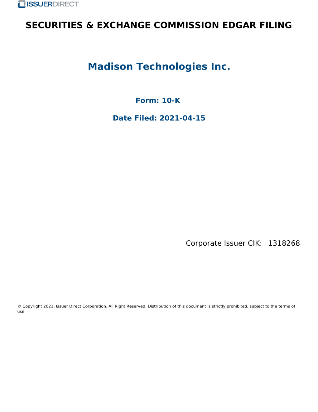 Madison Technologies Inc