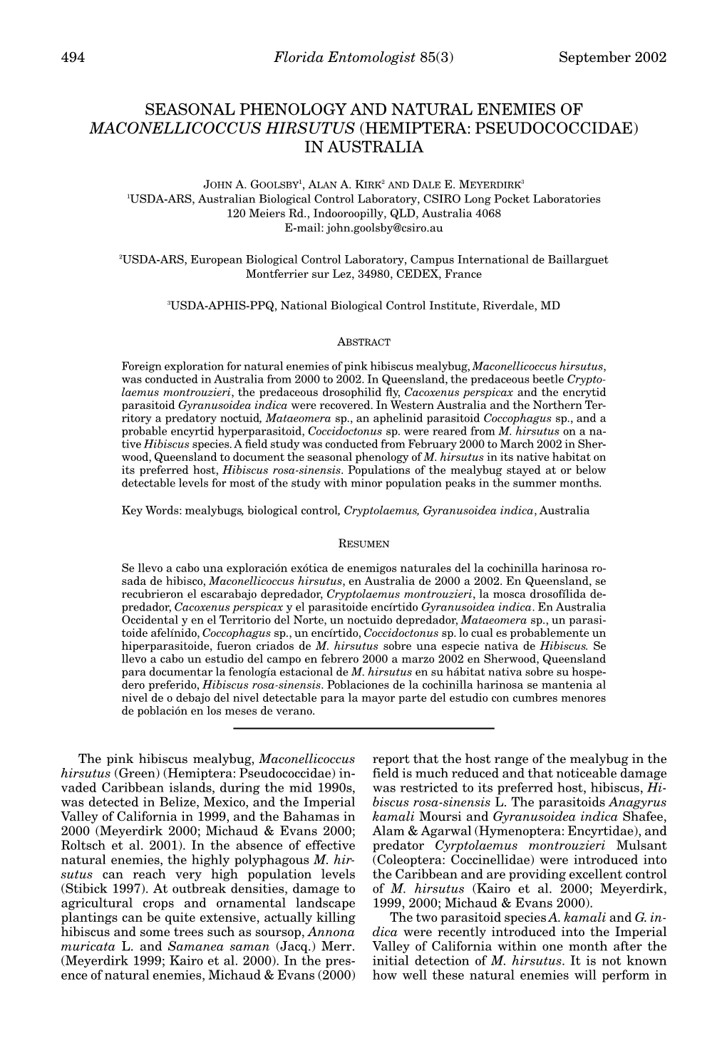 Seasonal Phenology and Natural Enemies of Maconellicoccus Hirsutus (Hemiptera: Pseudococcidae) in Australia