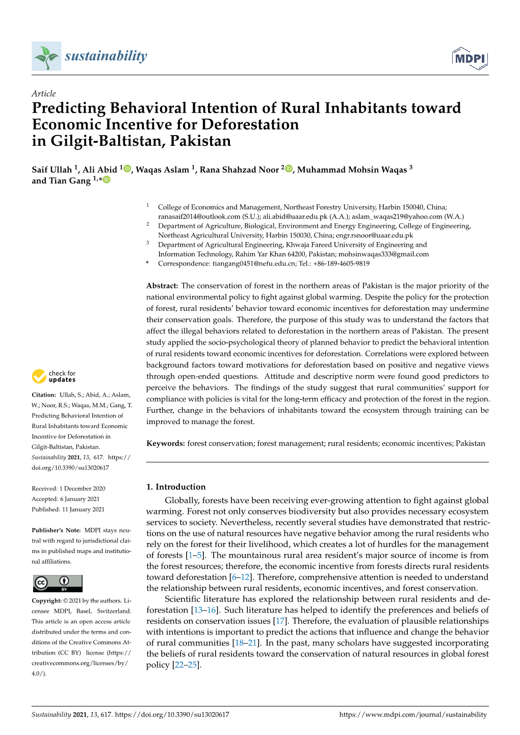 Predicting Behavioral Intention of Rural Inhabitants Toward Economic Incentive for Deforestation in Gilgit-Baltistan, Pakistan