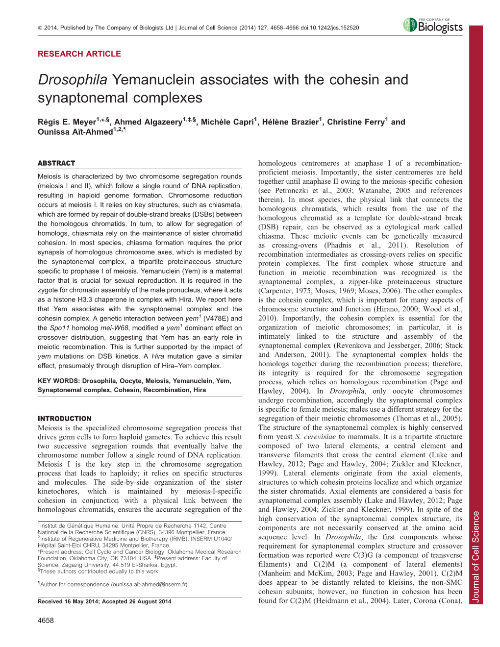 Drosophila Yemanuclein Associates with the Cohesin and Synaptonemal