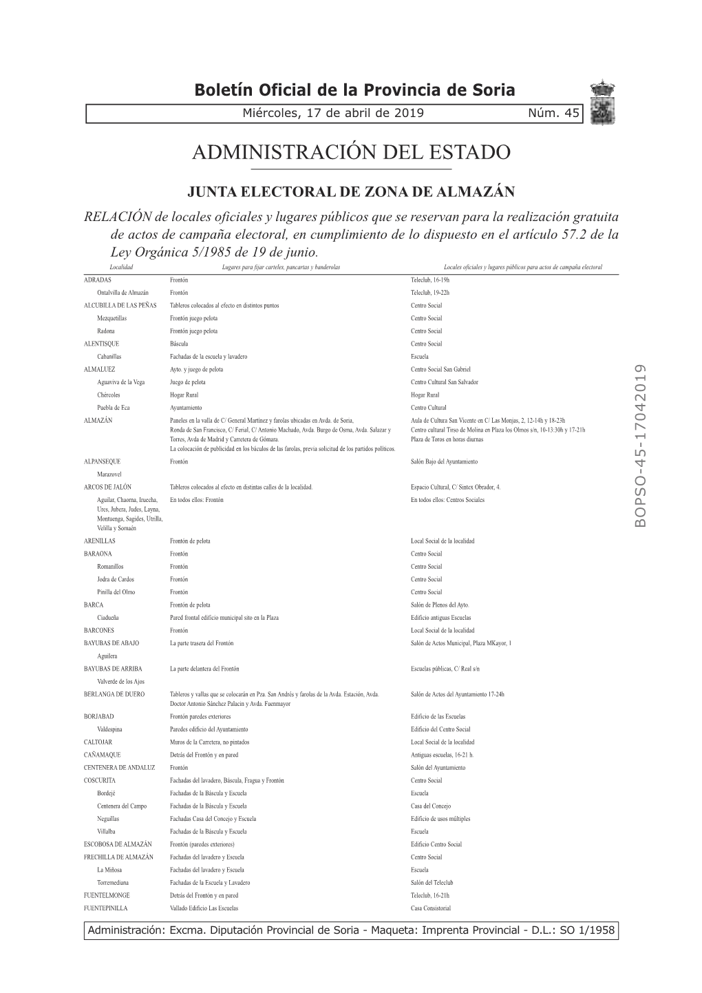 Boletín Oficial De La Provincia De Soria Miércoles, 17 De Abril De 2019 Núm