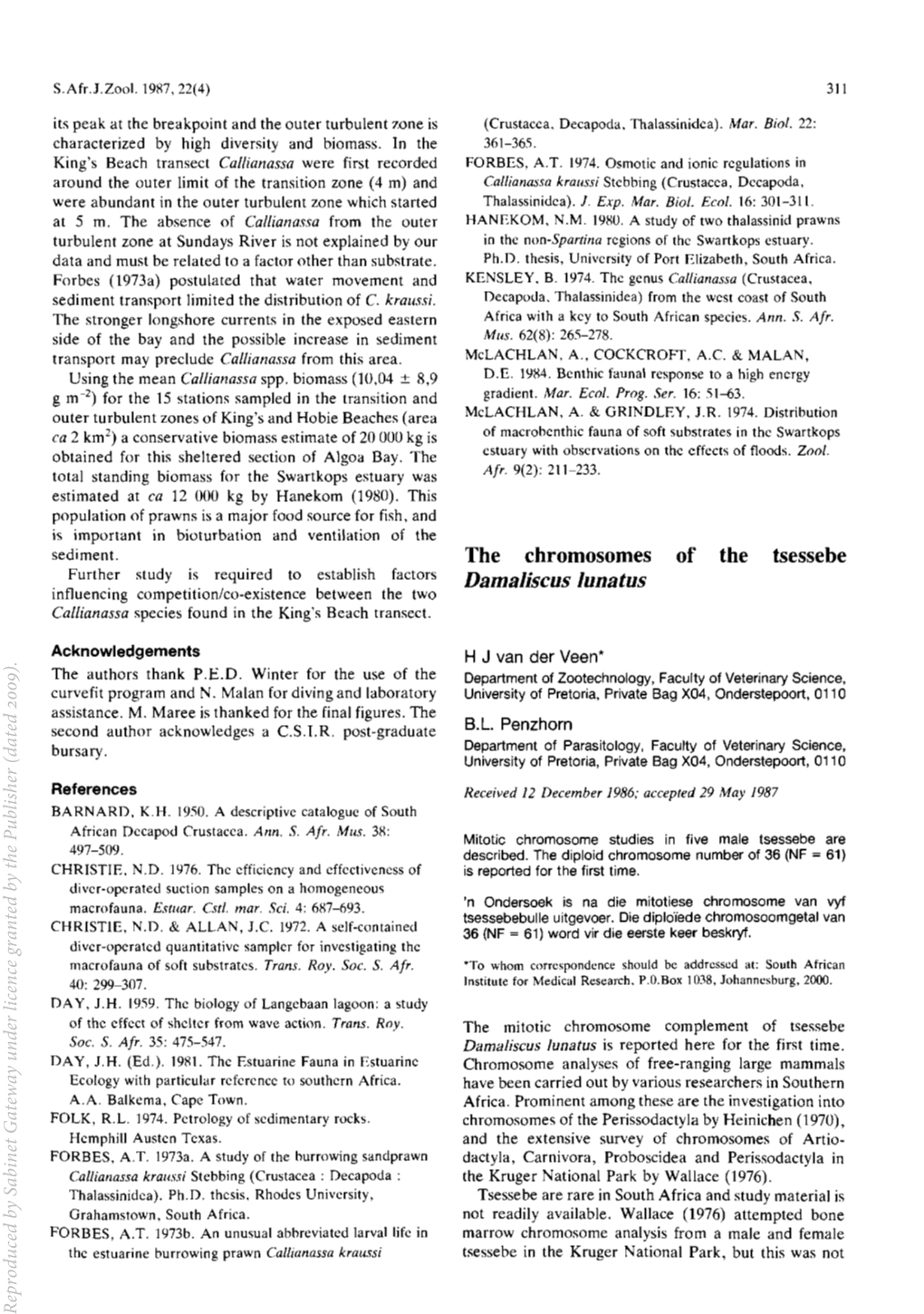 The Chromosomes Damaliscus Lunatus of the Tsessebe