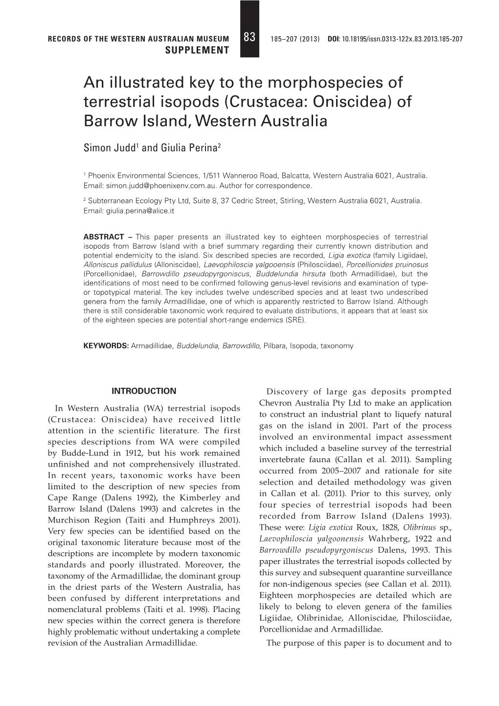 An Illustrated Key to the Morphospecies of Terrestrial Isopods (Crustacea: Oniscidea) of Barrow Island, Western Australia