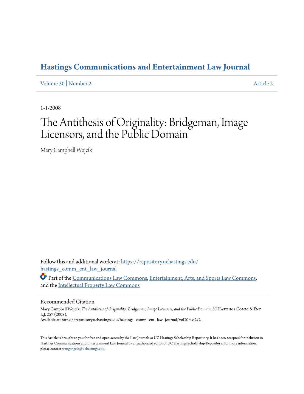 Bridgeman, Image Licensors, and the Public Domain Mary Campbell Wojcik