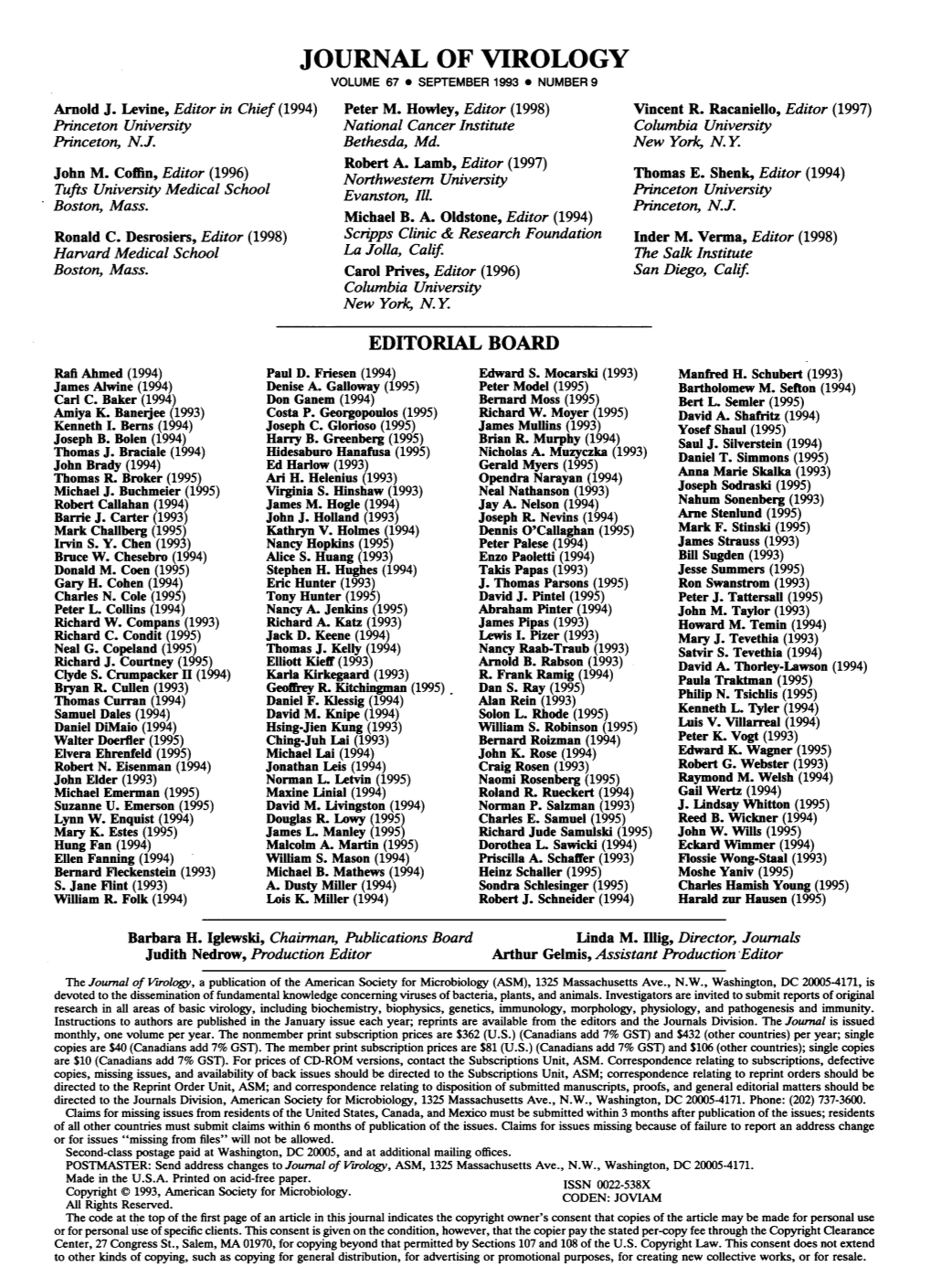 JOURNAL of VIROLOGY VOLUME 67 * SEPTEMBER 1993 * NUMBER 9 Arnold J