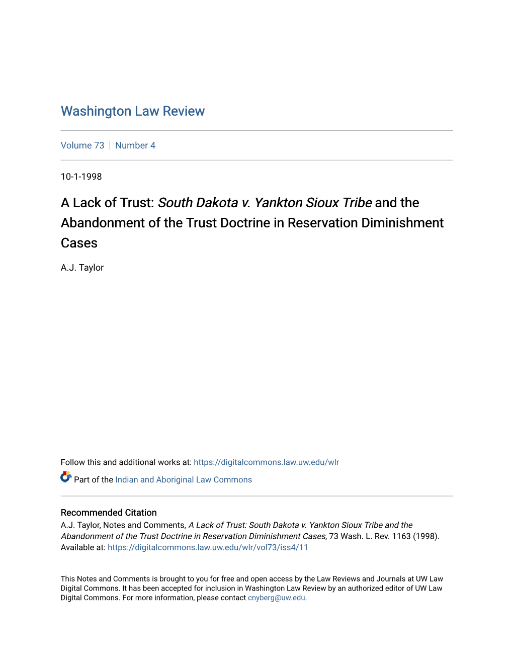 South Dakota V. Yankton Sioux Tribe and the Abandonment of the Trust Doctrine in Reservation Diminishment Cases