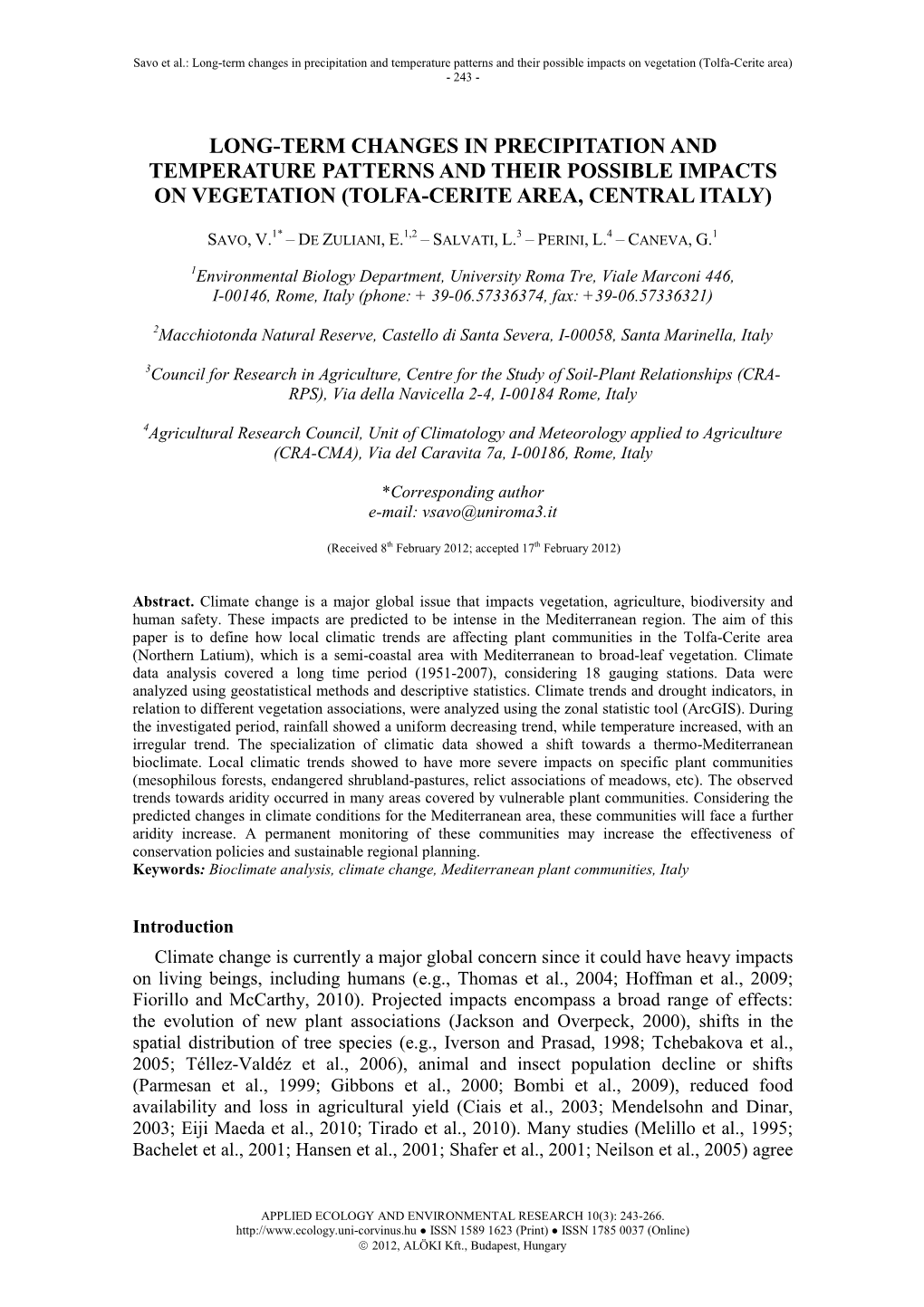 Long-Term Changes in Precipitation and Temperature Patterns and Their Possible Impacts on Vegetation (Tolfa-Cerite Area) - 243