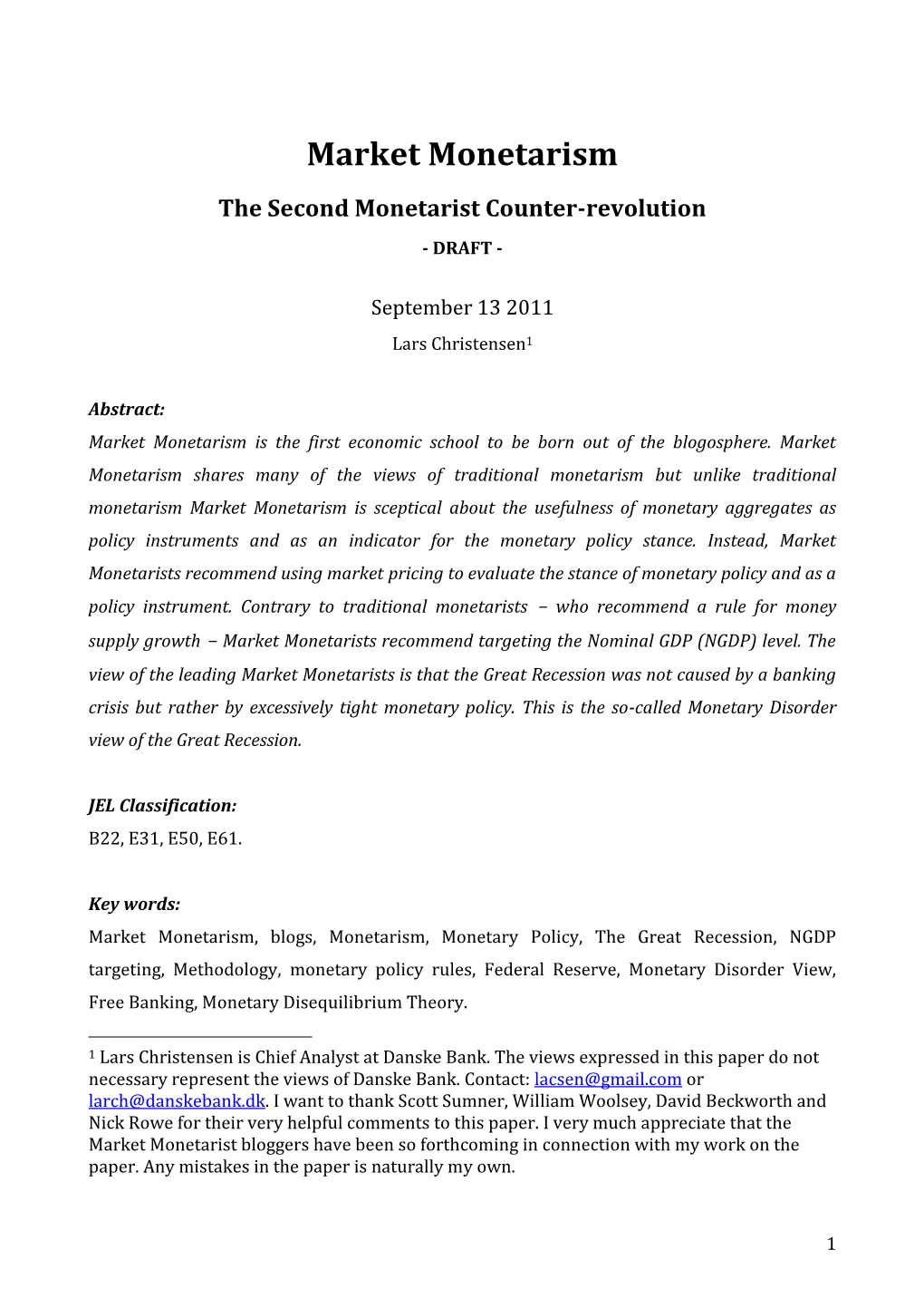 Market Monetarism the Second Monetarist Counter-Revolution - DRAFT