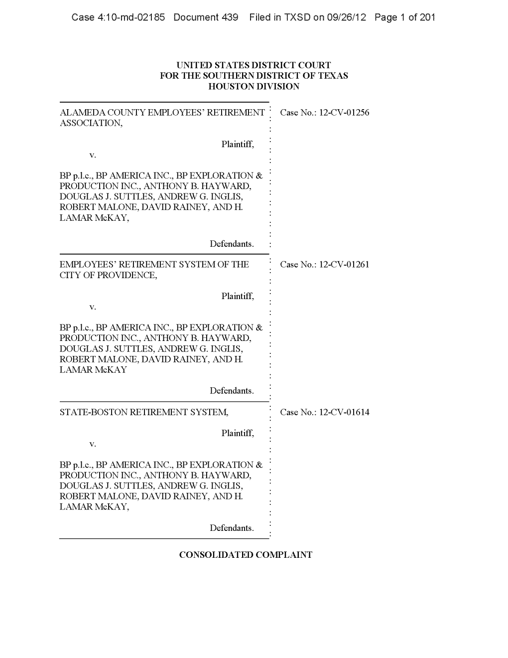 In Re: BP P.L.C. Securities Litigation 10-MD-02185-Consolidated