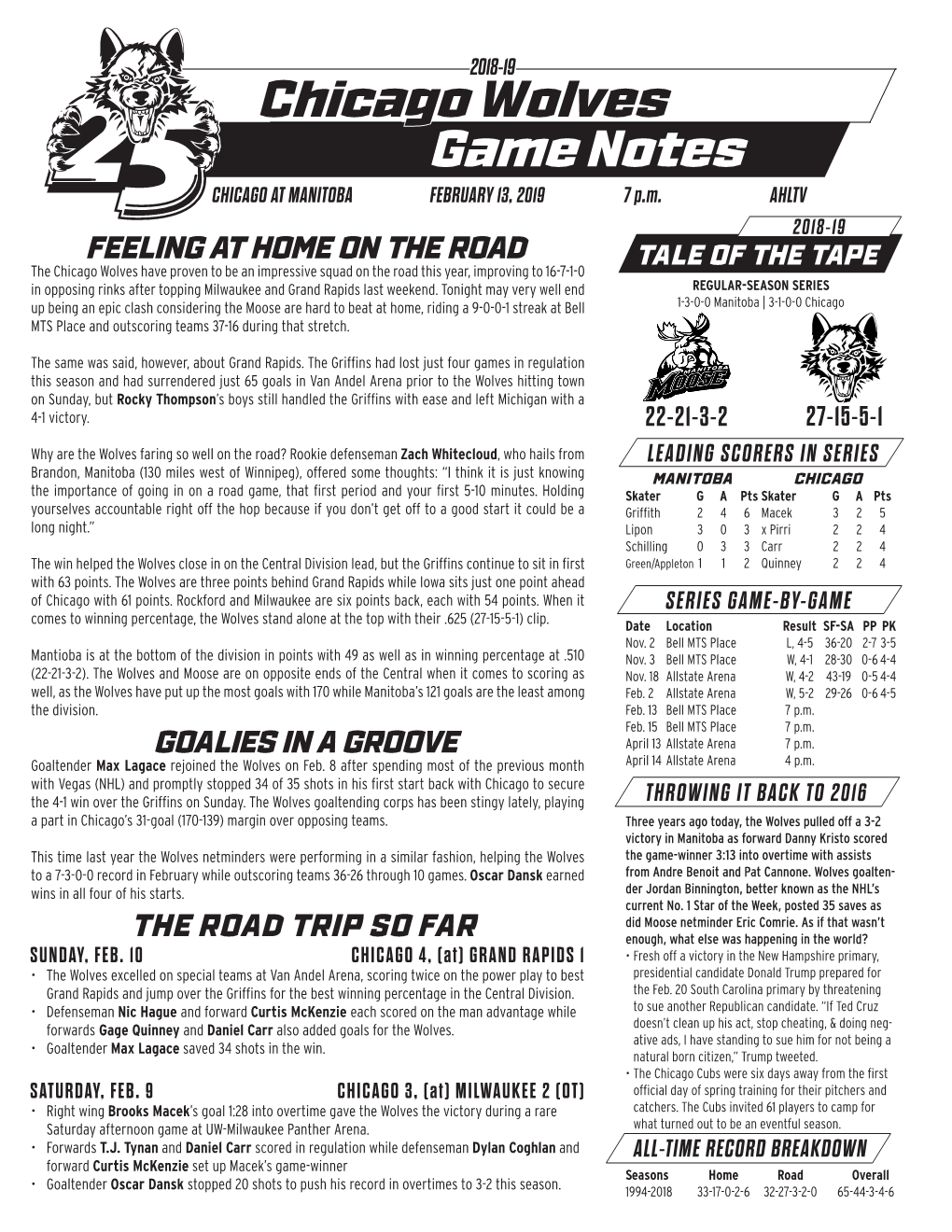 Chicago Wolves Game Notes CHICAGO at MANITOBA FEBRUARY 13, 2019 7 P.M