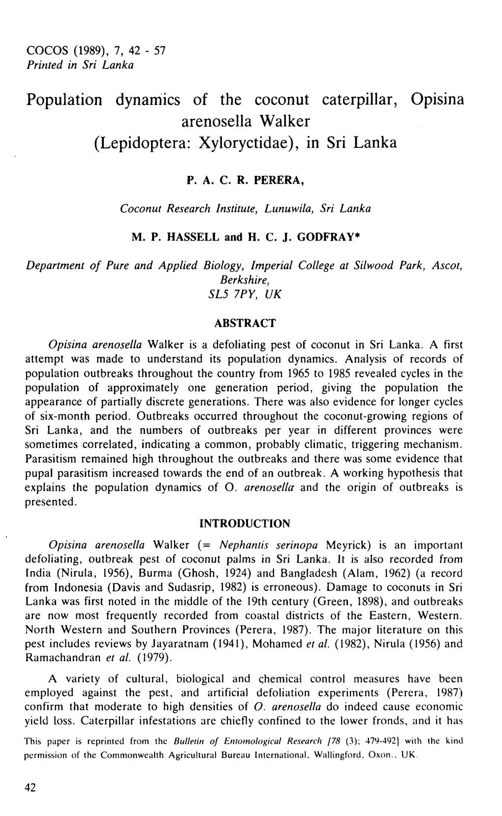 Population Dynamics of the Coconut Caterpillar, Opisina Arenosella Walker (Lepidoptera: Xyloryctidae), in Sri Lanka