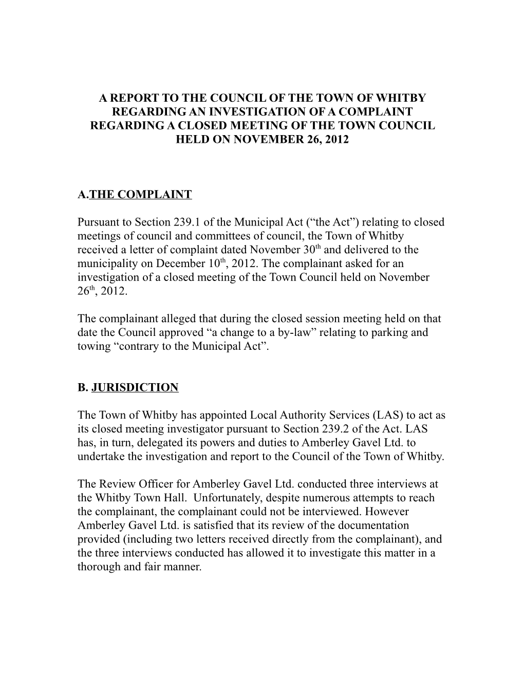 A Report to the Council of the Town of Whitby Regarding an Investigation of a Complaint