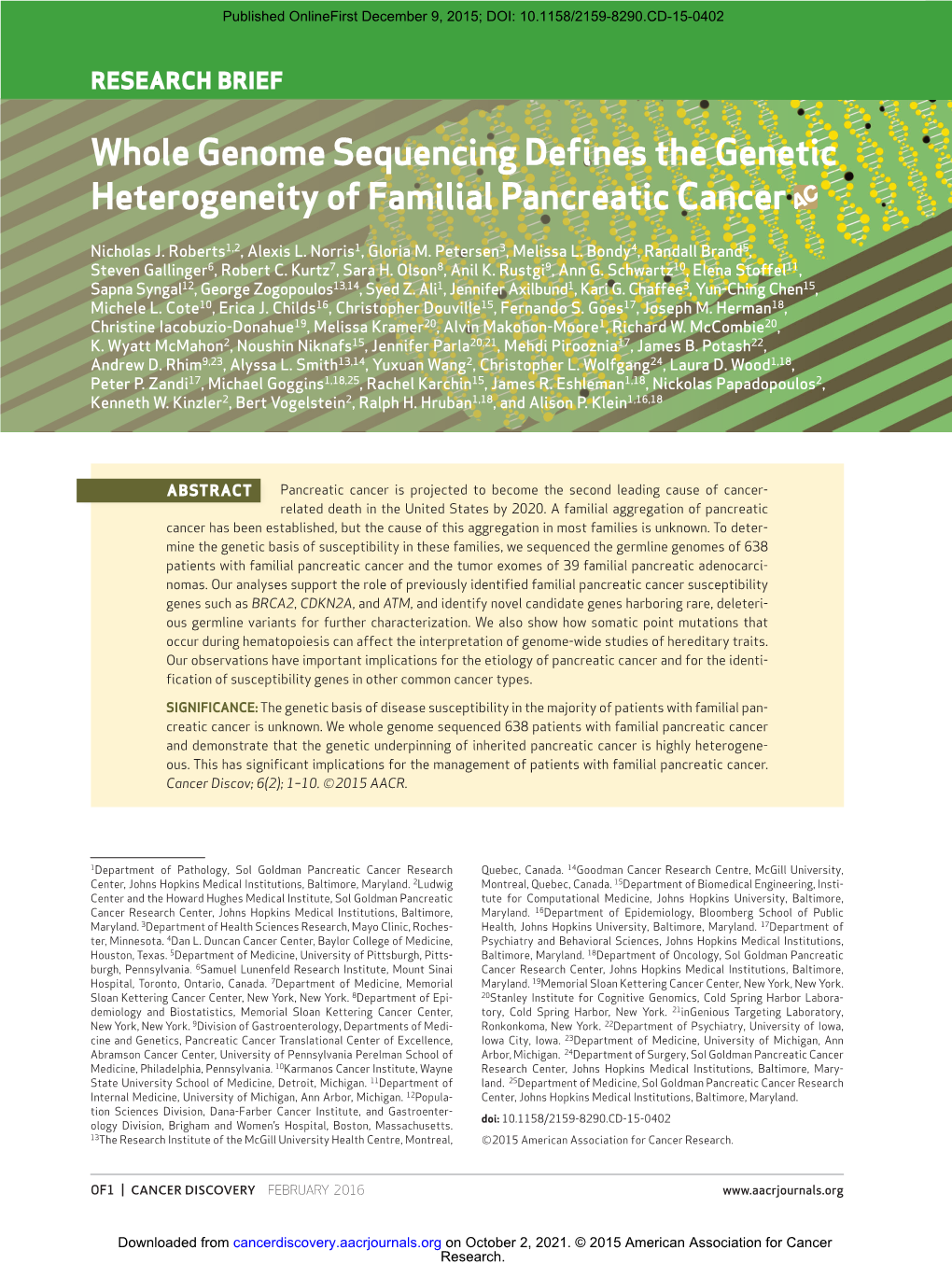 Whole Genome Sequencing Defines the Genetic Heterogeneity of Familial Pancreatic Cancer