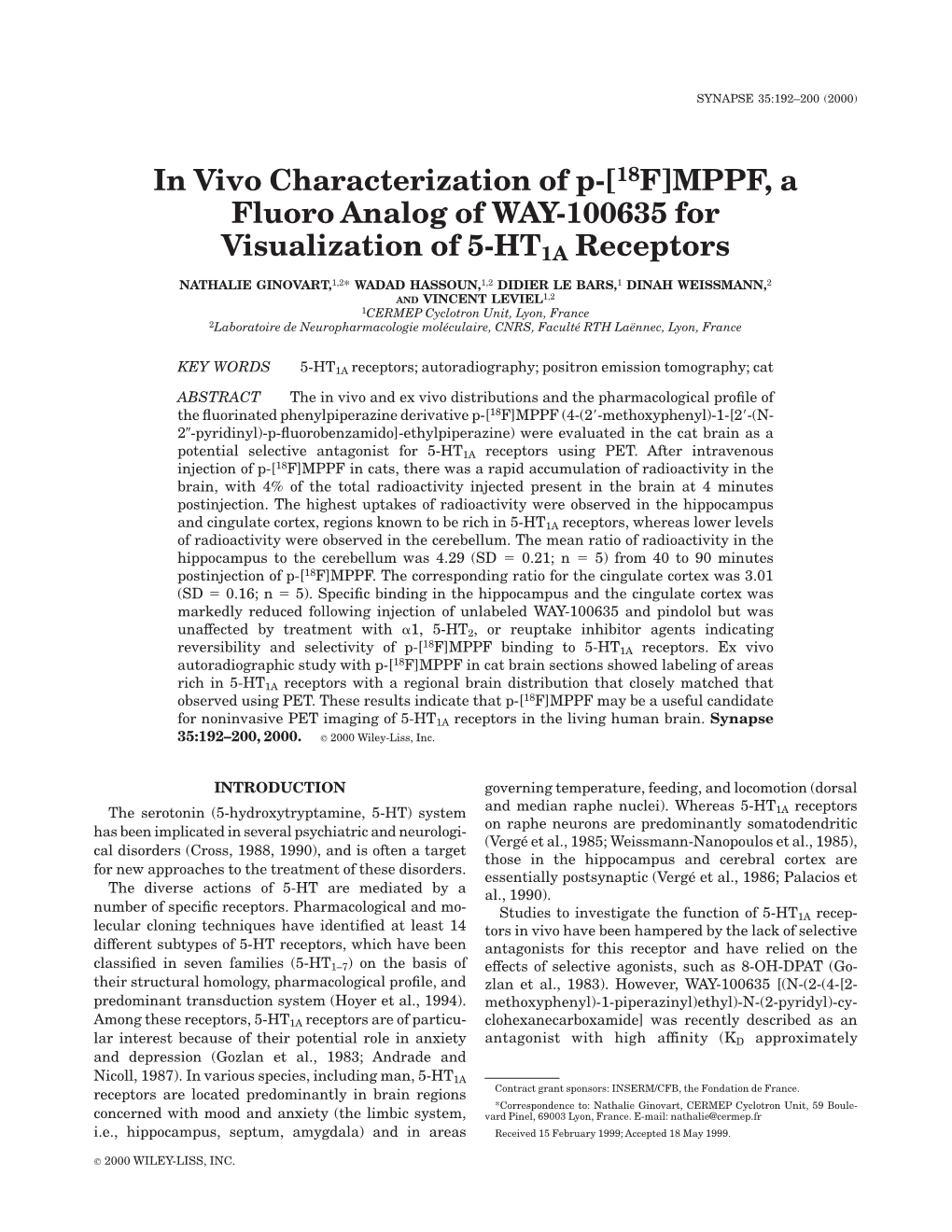 [18F]MPPF, a Fluoro Analog of WAY-100635 for Visualization of 5-HT1A Receptors