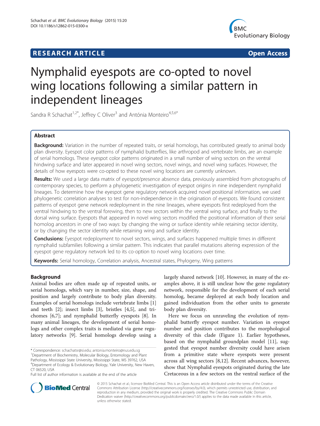 Nymphalid Eyespots Are Co-Opted to Novel Wing