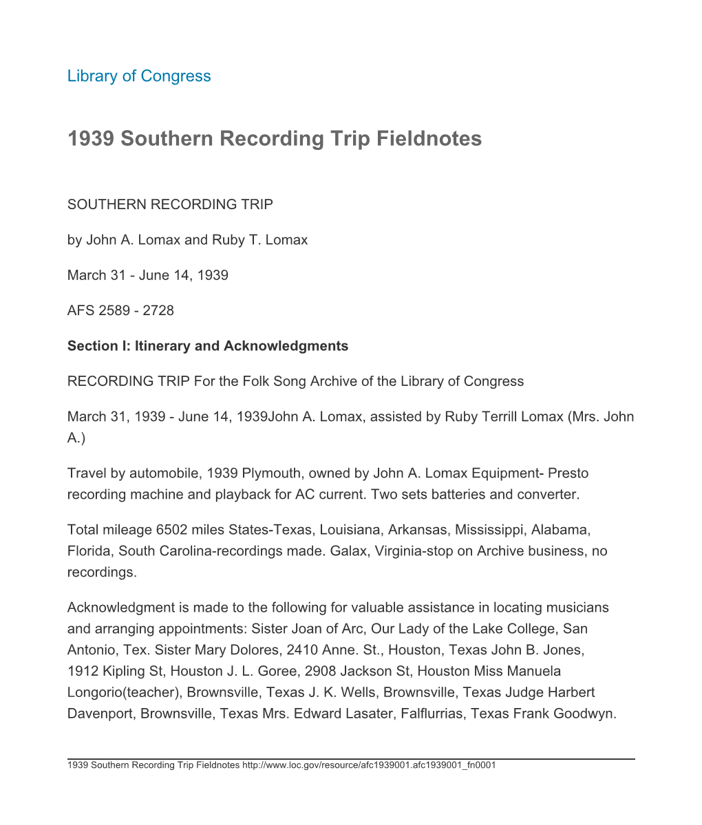 1939 Southern Recording Trip Fieldnotes