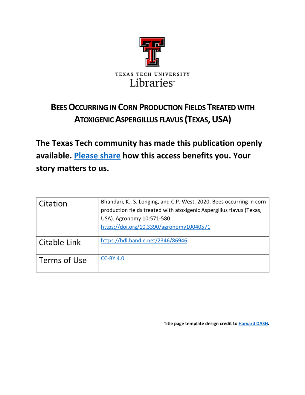 Bees Occurring in Corn Production Fields Treated with Atoxigenic Aspergillus Flavus (Texas, Usa)