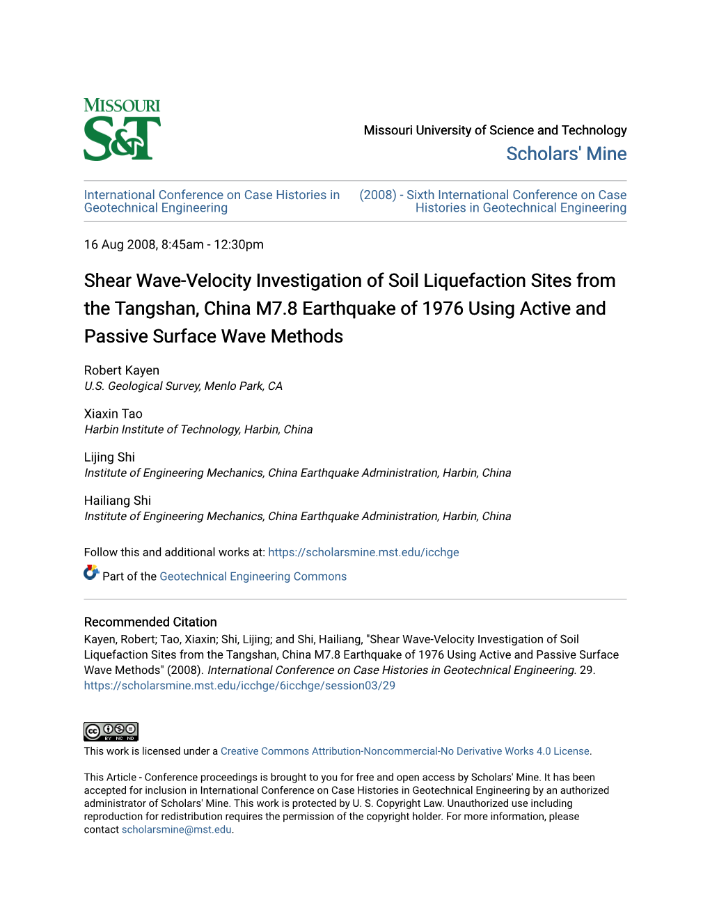 Shear Wave-Velocity Investigation of Soil Liquefaction Sites from the Tangshan, China M7.8 Earthquake of 1976 Using Active and Passive Surface Wave Methods