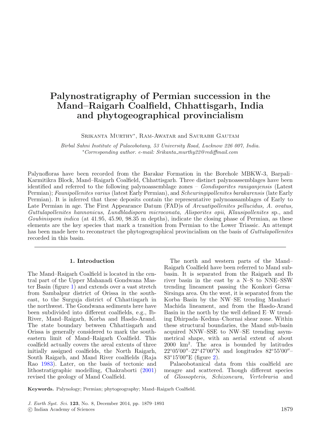 Palynostratigraphy of Permian Succession in the Mand–Raigarh Coalfield, Chhattisgarh, India and Phytogeographical Provincialis