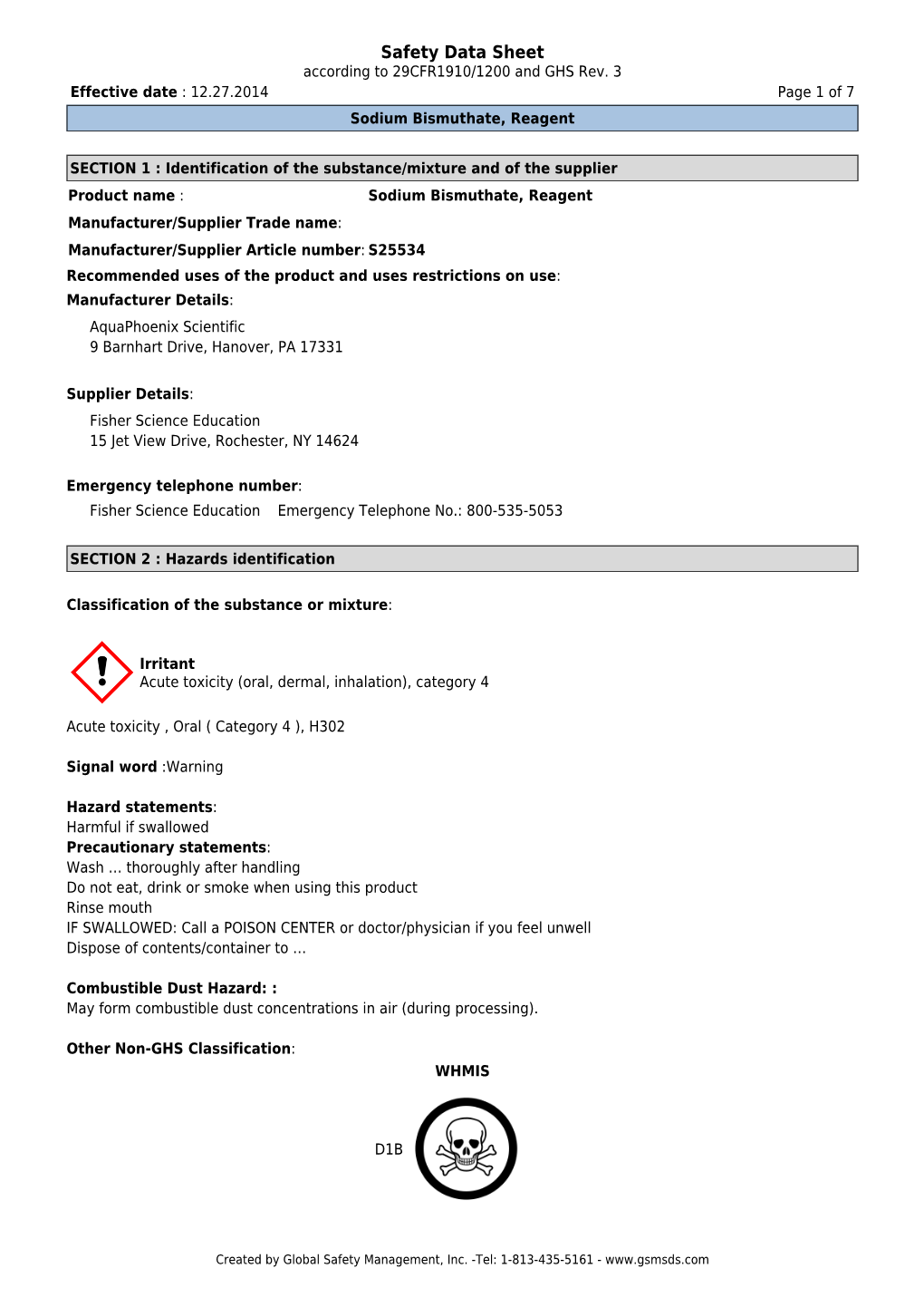 Safety Data Sheet According to 29CFR1910/1200 and GHS Rev