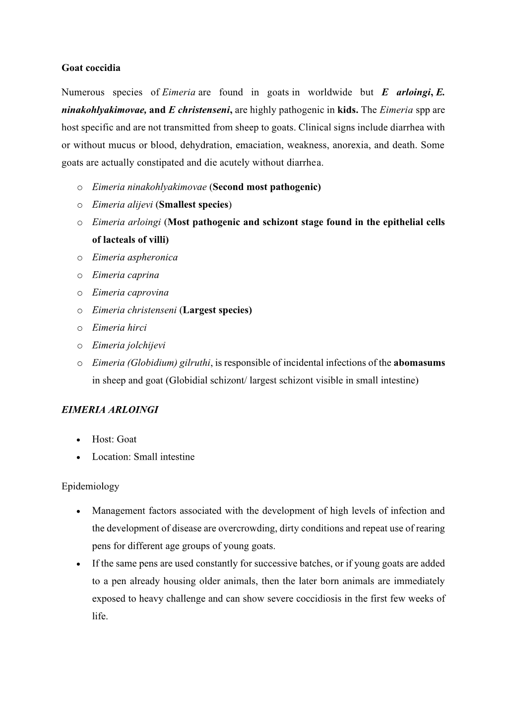 Goat Coccidia Numerous Species of Eimeria Are Found in Goats in Worldwide but E Arloingi, E. Ninakohlyakimovae, and E Christense